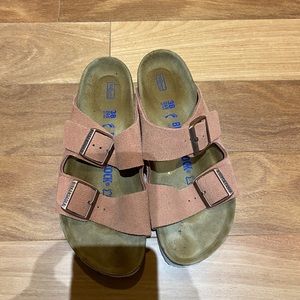 Washed red suede Birkenstock Arizona sandals